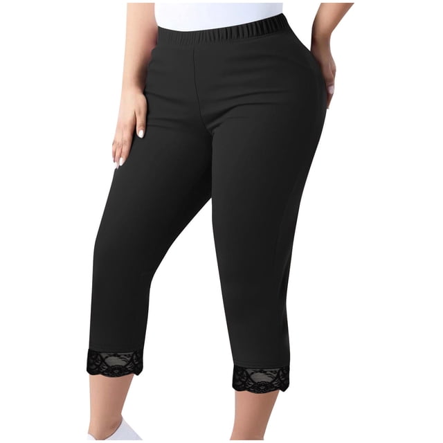 Women's Plus Size Leggings, Lace Yoga Capris Pants Solid Color Elastic Waist Black XL
