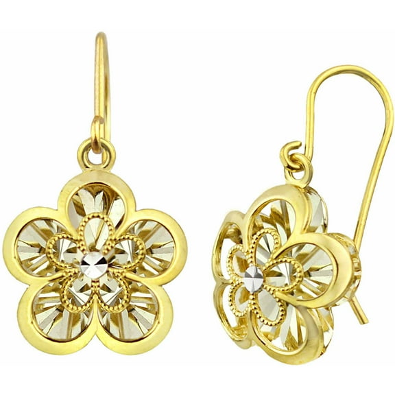 10kt Gold Two-Tone Diamond-Cut Open Flower Drop Earrings