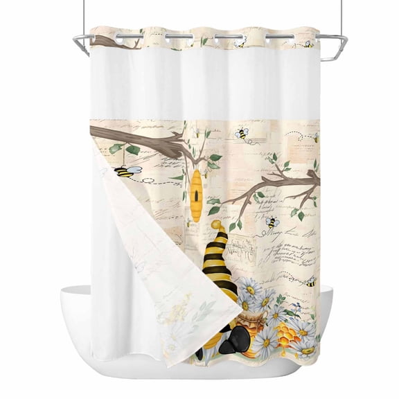 No Hook Yellow Gnomes Shower Curtain with Snap in Liner Set, Spring Floral Bees Daisy Branches Watercolor Waterproof Bathroom Curtains with See Through Top Window, Hotel Style Long 72 x 84 Inch