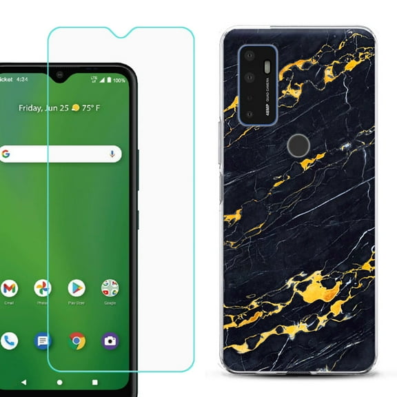 Shockproof Bumper Phone Case for AT&T Radiant Max 5G / Fusion 5G, with Tempered Glass Screen Protector, by OneToughShield ® - Marble / Lava