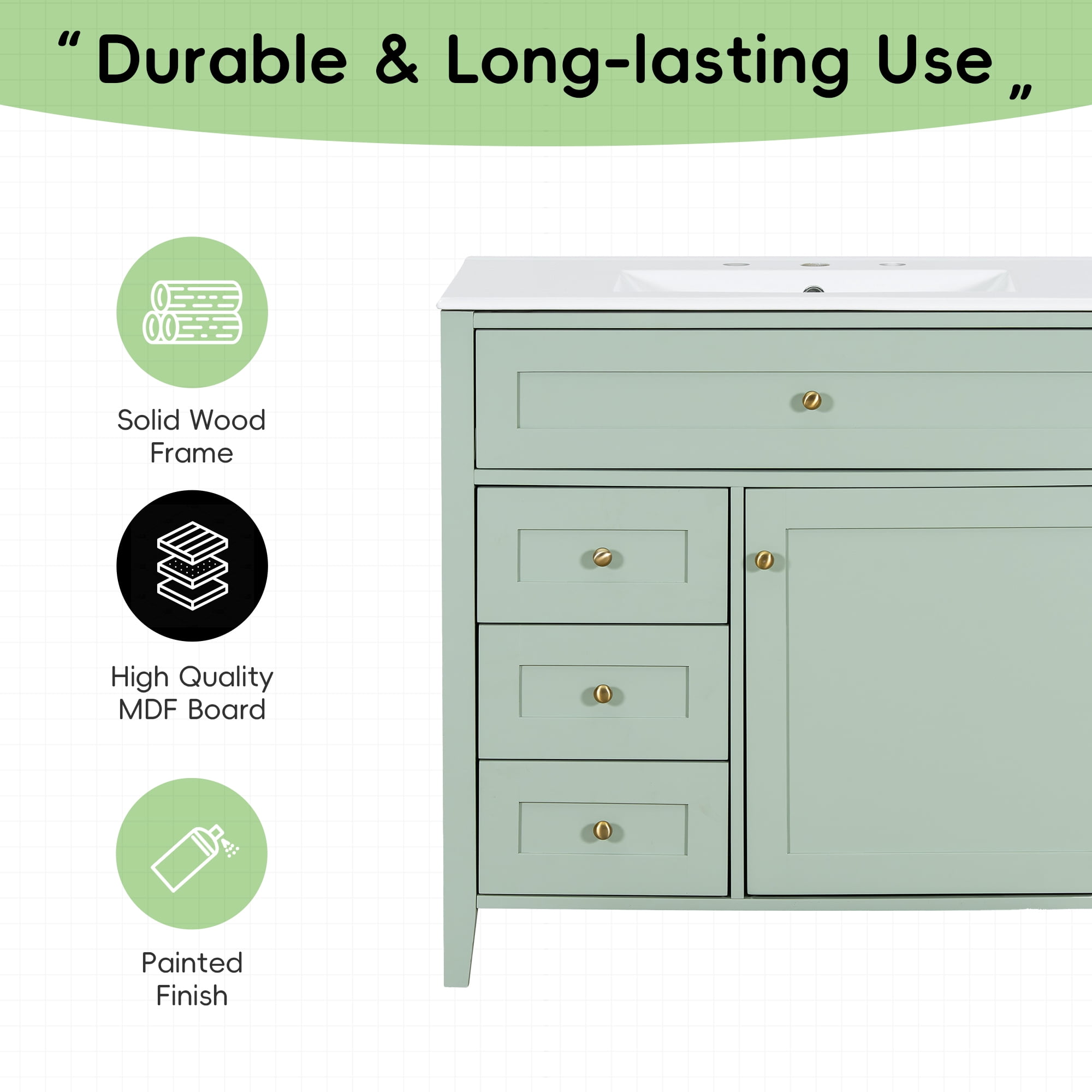Euroco 36-Inch Green Bathroom Vanity with Sink, Modern MDF and Rubberwood Cabinet with 3 Drawers and Adjustable Shelf, Freestanding Vanity for Bathroom Storage and Organization