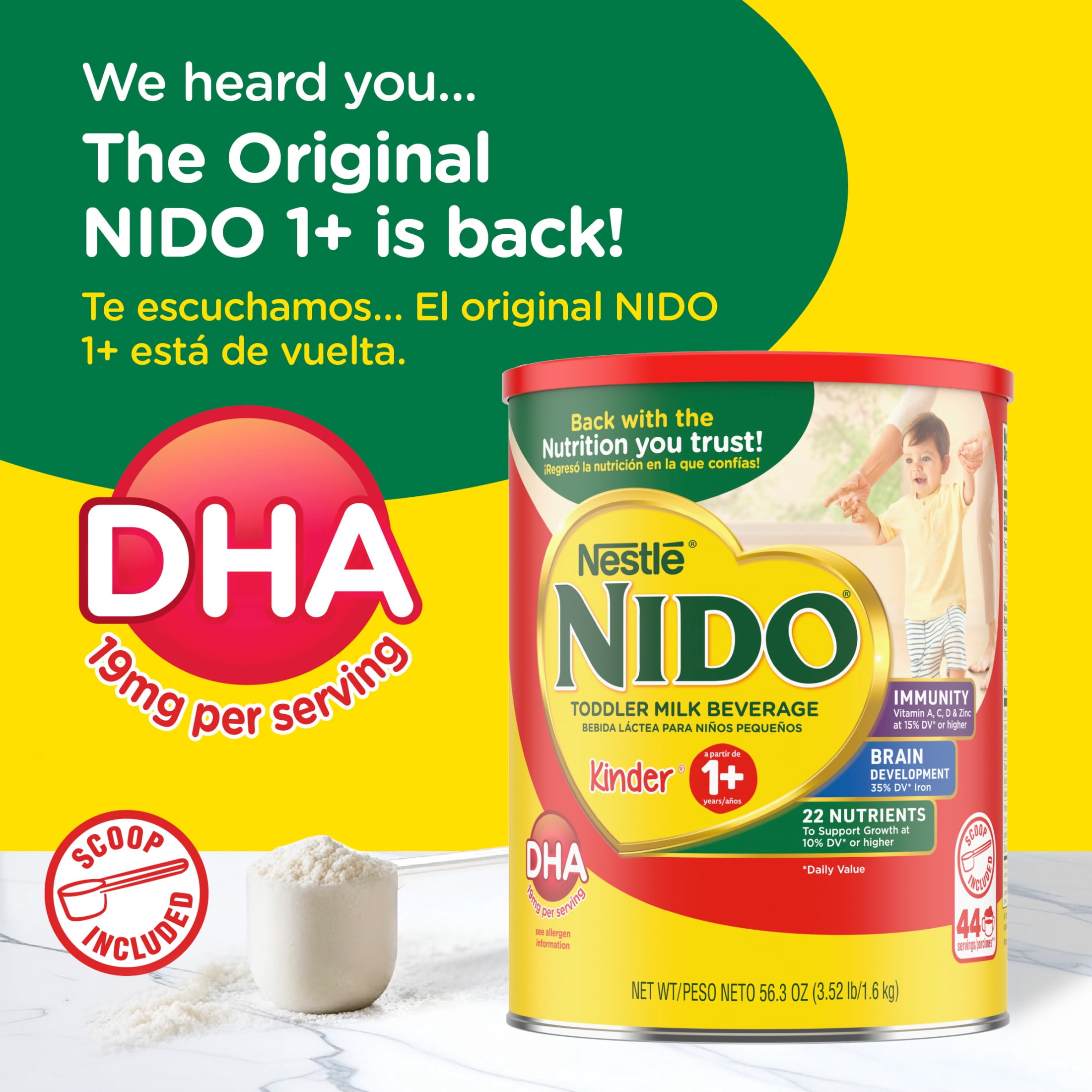 NIDO Kinder 1+ Powder Beverage Mix, Immunity Toddler Milk with Vitamins A, C, D, Iron to Support Growth, 56.3 oz Canister