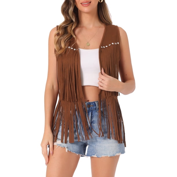 Inspire Chic Cárdigan de Mujer con Flecos, Chaleco Abierto, Estilo Occidental, Vintage, de Ante Sintético con Borlas, Color Caqui Oscuro, Talla L