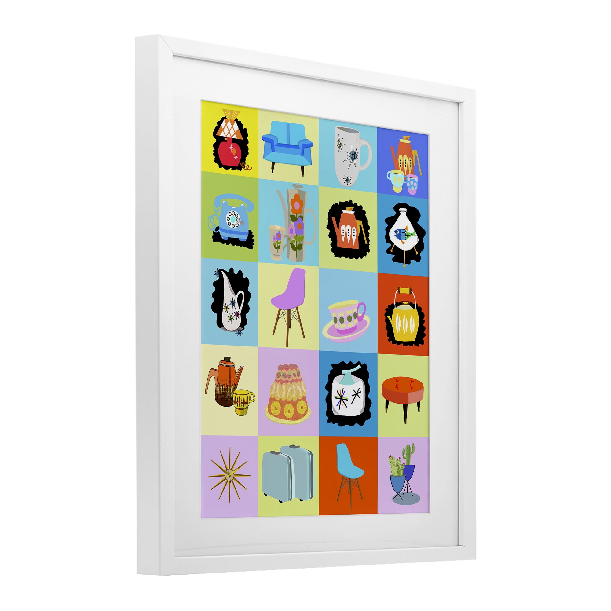 Retro Vintage Vignettes White Framed Print Under Glass, design by Lynnda Rakos