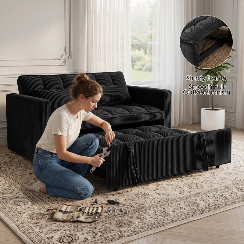 Anpport 54" 3‑in‑1 Convertible Sleeper Sofa Bed, Corduroy Pull‑Out Couch with Adjustable Backrest, Side Pockets & 2 Pillows for Small Spaces, Black
