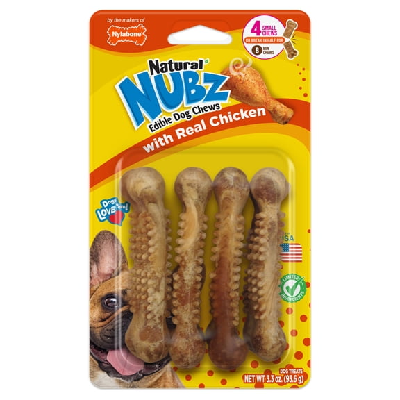 Nylabone Nubz Natural Dog Treats for Small Dogs, Chicken Flavor Dog Bones, Small - Up to 30 lbs., 3.3 oz Pack, 4 Count