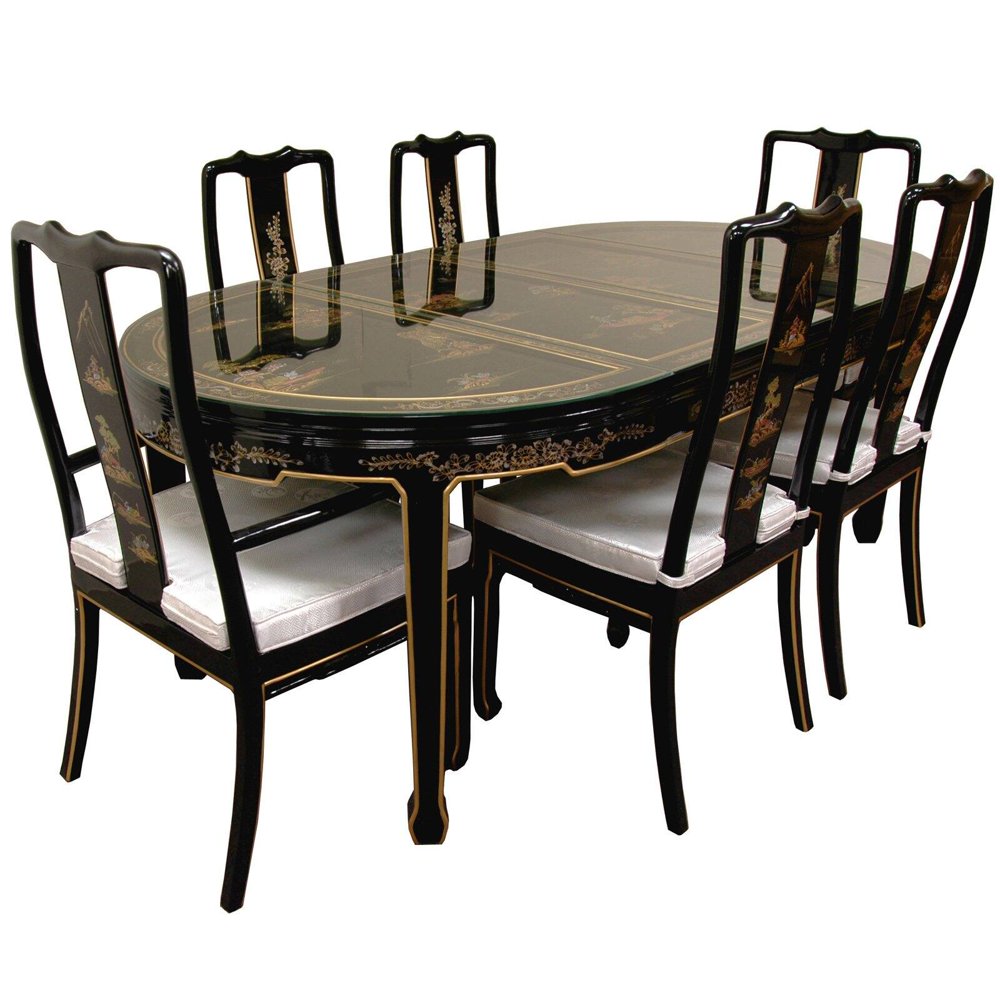 Oriental Furniture Hand Painted on Black Lacquer Dining Table with 6