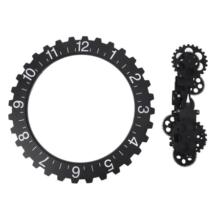 M Buder Retro 3D Moving Gear Clock - 15.94 inches / 40.5 cm Large Hanging Rotary Mechanical Hour Wheel Wall Art Decorative Clock for Living Room Office Home Decor Black