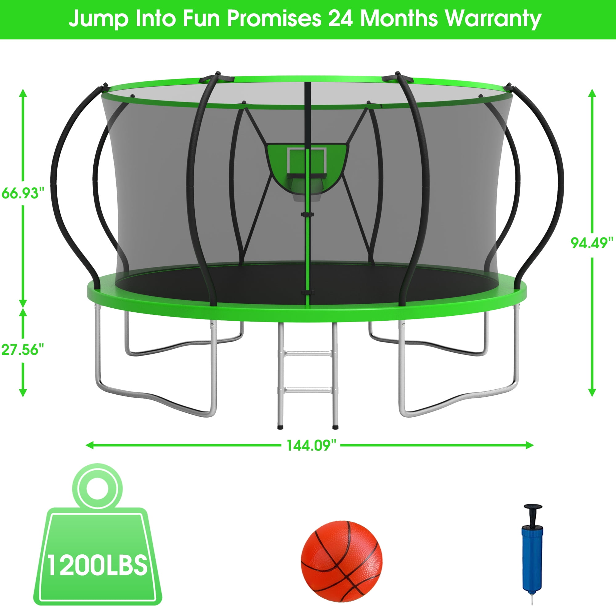 Jump Into Fun Trampoline, 12FT 10FT 14FT 16FT 1200LBS Trampoline for Adults and Kids, Trampoline with Enclosure, Basketball Hoop and Basketball, LED Light and More Gifts, Outdoor Pumpkin Trampoline