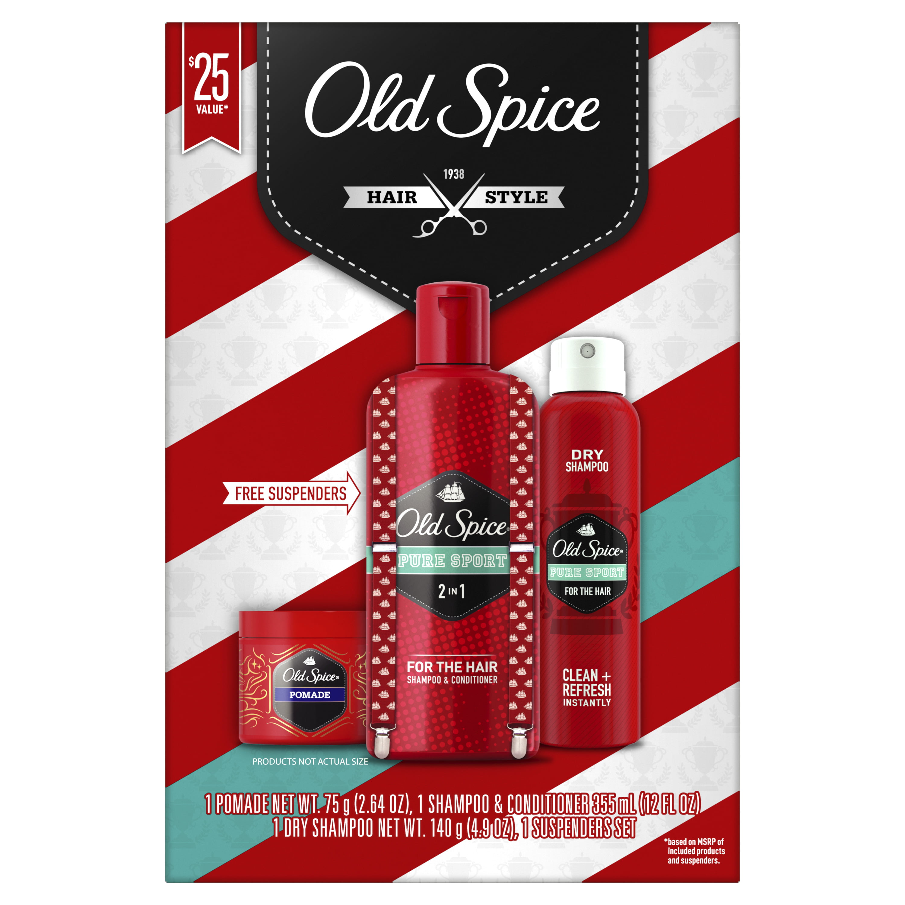 25 Value) Old Spice Hair Style Pure Sport 4-Piece Holiday Set, 2 in 1  Shampoo and Conditioner, Dry Shampoo, Hair Pomade and Suspenders -  