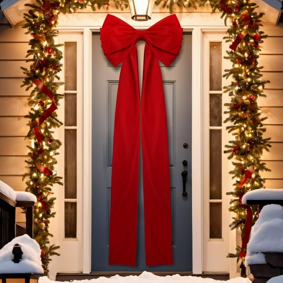 Extra Large Christmas Front Door Bow Decorations 27 x 78 Inch Giant Velvet Christmas Tree Topper Bow with Long Streamers Wreath Wall Decor for Home Xmas Room Holiday Porch(Red)
