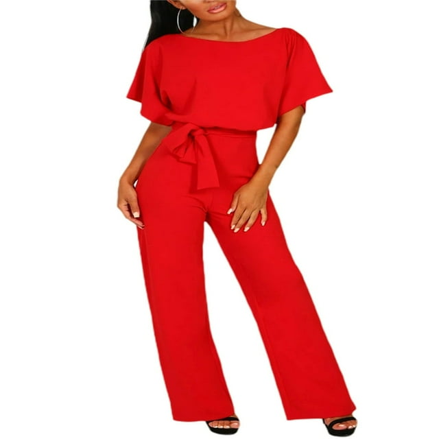 Combinaisons Amples à Manches Courtes pour Femmes Col Rond Ceinturé Jambes Larges Longues Combinaison Élégante Décontractée Couleur Unie