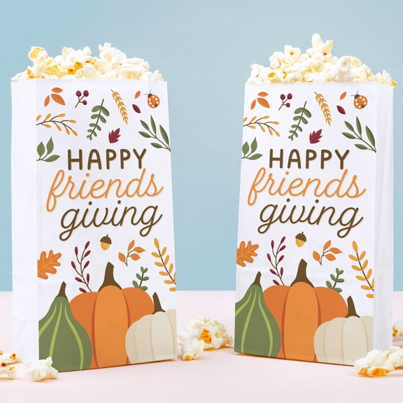 Big Dot of Happiness Fall Friends Thanksgiving Popcorn Bags, Friendsgiving Party Favor Snack Treats, Free-Standing Individual White Paper Bags - 25 Ct