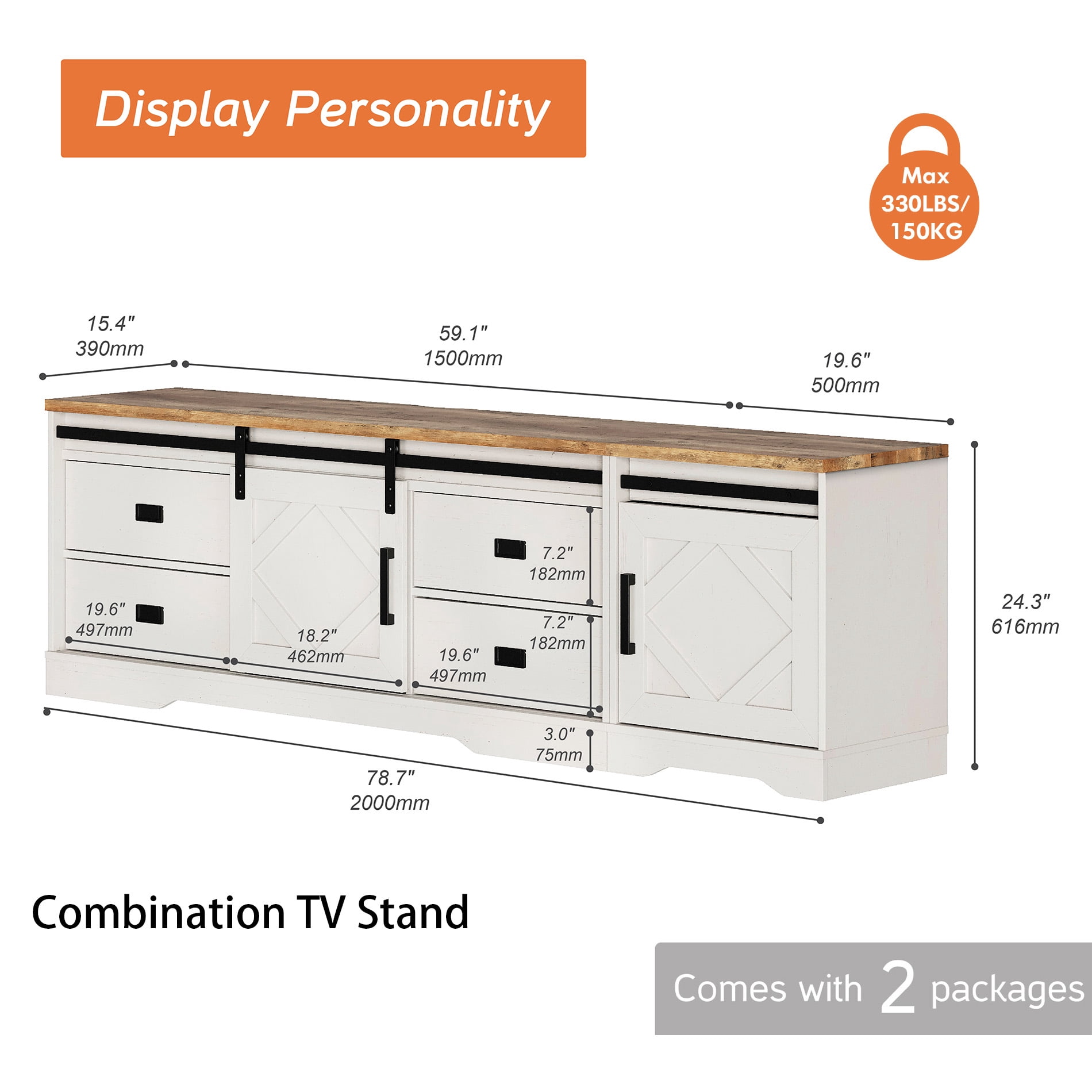 WAMPAT Farmhouse Entertainment Center for 85" TVs, 2-in-1 Wooden TV Stand with Barn Door, Adjustable Shelves and Storage Drawers,Media Console Table for Living Room,Cream White