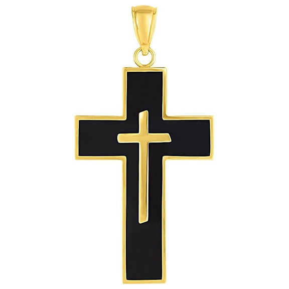 Cross Pendant with Black Enamel in 14k Yellow Gold