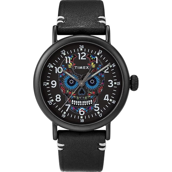 Timex TW2U95200 Dia de los Muertos Men's Analog Round Watch Black Leather Strap
