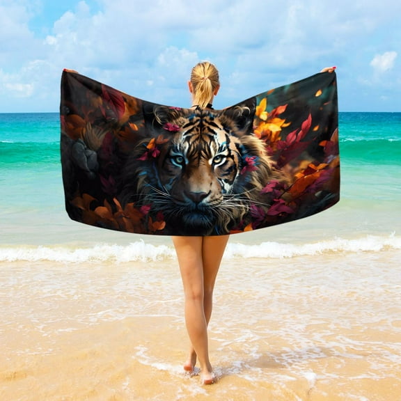 Beach Towel Camping Towel Tiger and Leaf Microfiber Oversized 37" x 74" Absorbent for Seaside Camping Swimming Fitness