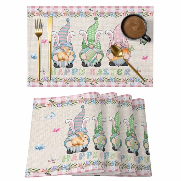 Easter Placemats Set of 6, Country Gnomes Rabbit Colorful Eggs Flowers Treill Placemats for Dining Table, Place Mats for Kitchen Tabletop, Waterproof Wipeable Dining Table Mats Set