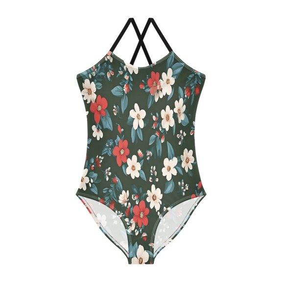BZSMCE One-Piece Swimsuit with Crisscross StrapsRed Flower Pattern