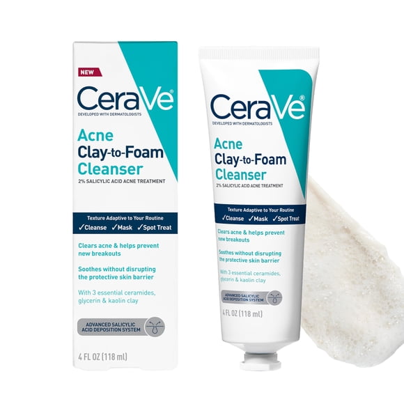 Jabón facial CeraVe Clay para espumar el acné con ácido salicílico, 120 ml