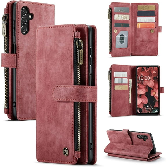 Wallet Case for Samsung Galaxy A13/A04s, Premium Handmade PU Leather Phone Case for A13 4G/5G Card Slots Magnetic Closure Zipper Pocket Kickstand Cover Vintage Shockproof Flip Case - Red