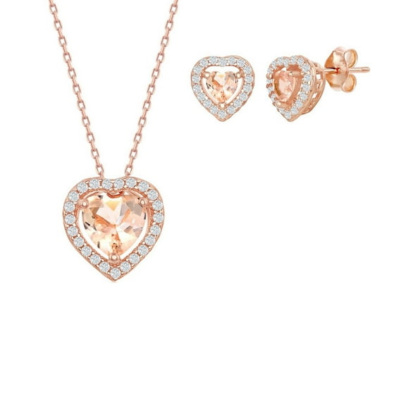 iJewelry2 Sterling Silver Morganite with Clear CZ Heart Shape Necklace and Earrings Set