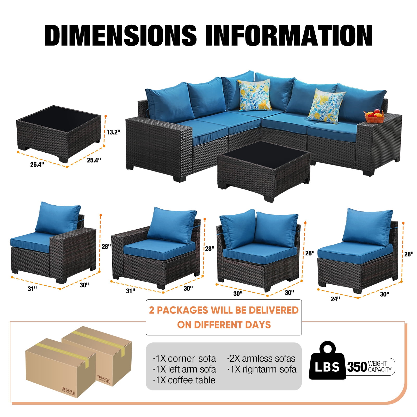 TerraRelax 6 Pieces Patio Furniture set All-Weather Outdoor Wicker Sectional Conversation Sofa Rattan patio seating sofa with cushion and Glass Table and Ottoman for Porch Poolside,Peacock