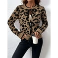 thumbnail image 6 of Women Leopard Print Tie Front Sweaters Long Sleeve Crewneck Open Front Knit Cardigan Casual Loose Outwear Brown L, 6 of 9