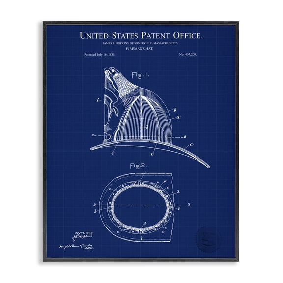Stupell Industries Modern Fireman's Hat Blueprint Black Framed Giclee Art, 11 x 14, by Karl Hronek