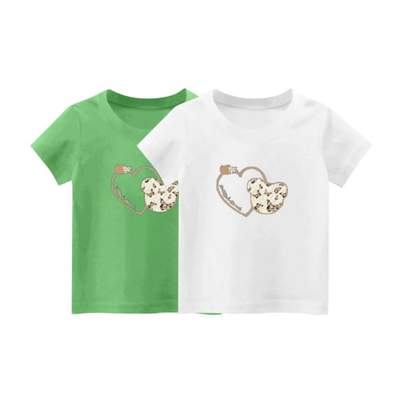 Eltusu Girls Cotton T-Shirts, Pullover Loose Fit Crew Neck 2 Pieces Short Sleeve Tops Green Size 8-10 T