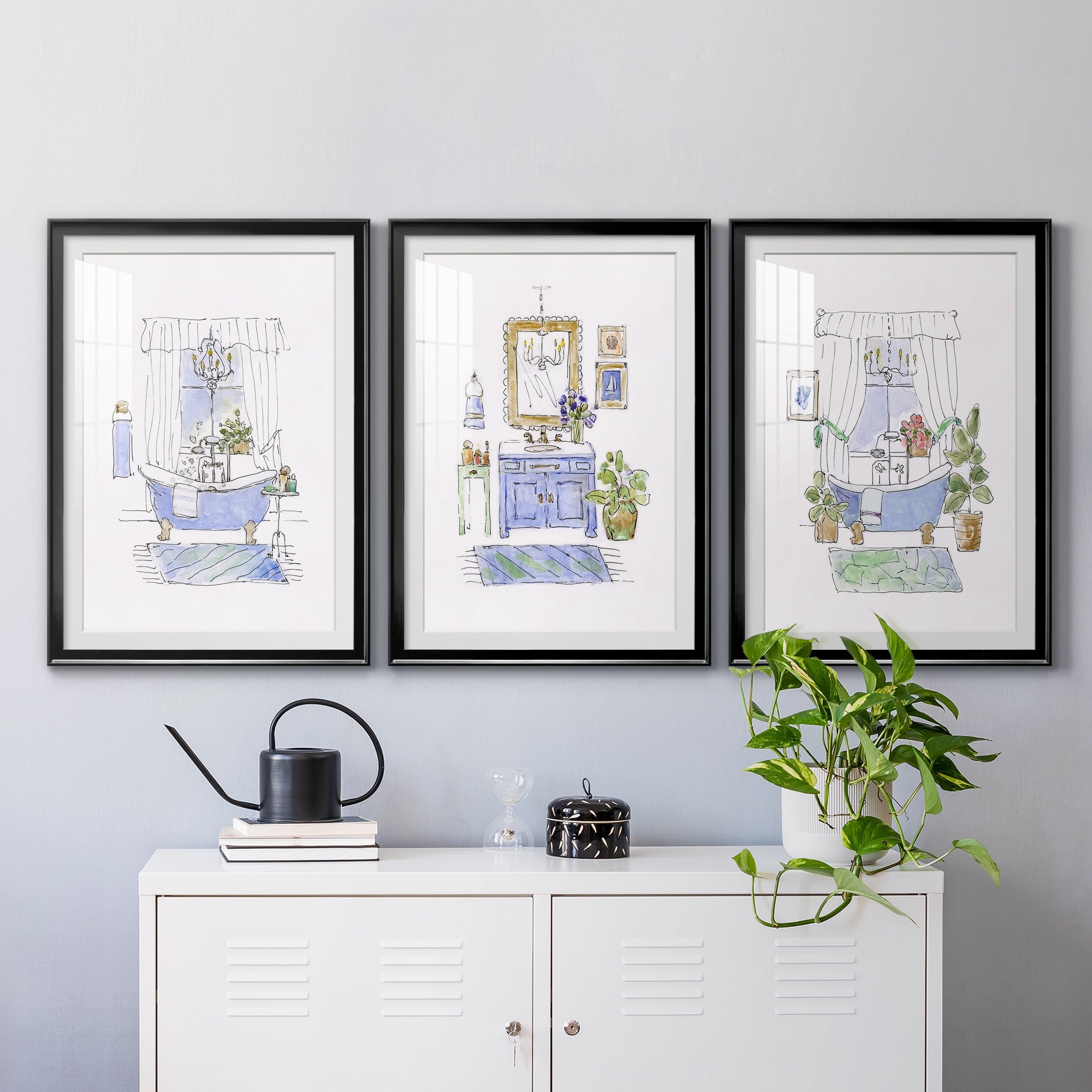 Sketchy Bath I Premium Framed Prints Set of 3 - Ready to Hang - 30.5 x 42.5 Each - Black Frame