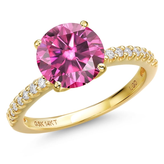 Gem Stone King 14K Yellow Gold Pink Moissanite and Lab Grown Diamond Engagement Ring for Women | 3.59 Cttw | Round 10MM | Gemstone Birthstone | Size 8