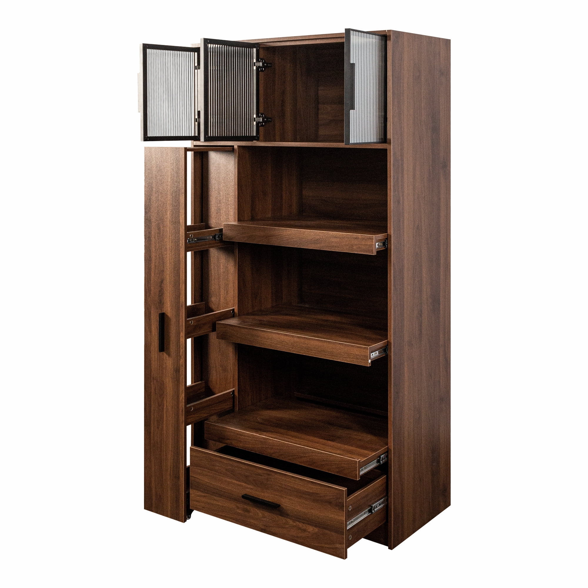 Euroco 70.87" Tall Kitchen Pantry Cabinet with multi-functional pull-out multi-tier storage shelf, 1 Drawers,with Aluminum frame glass door