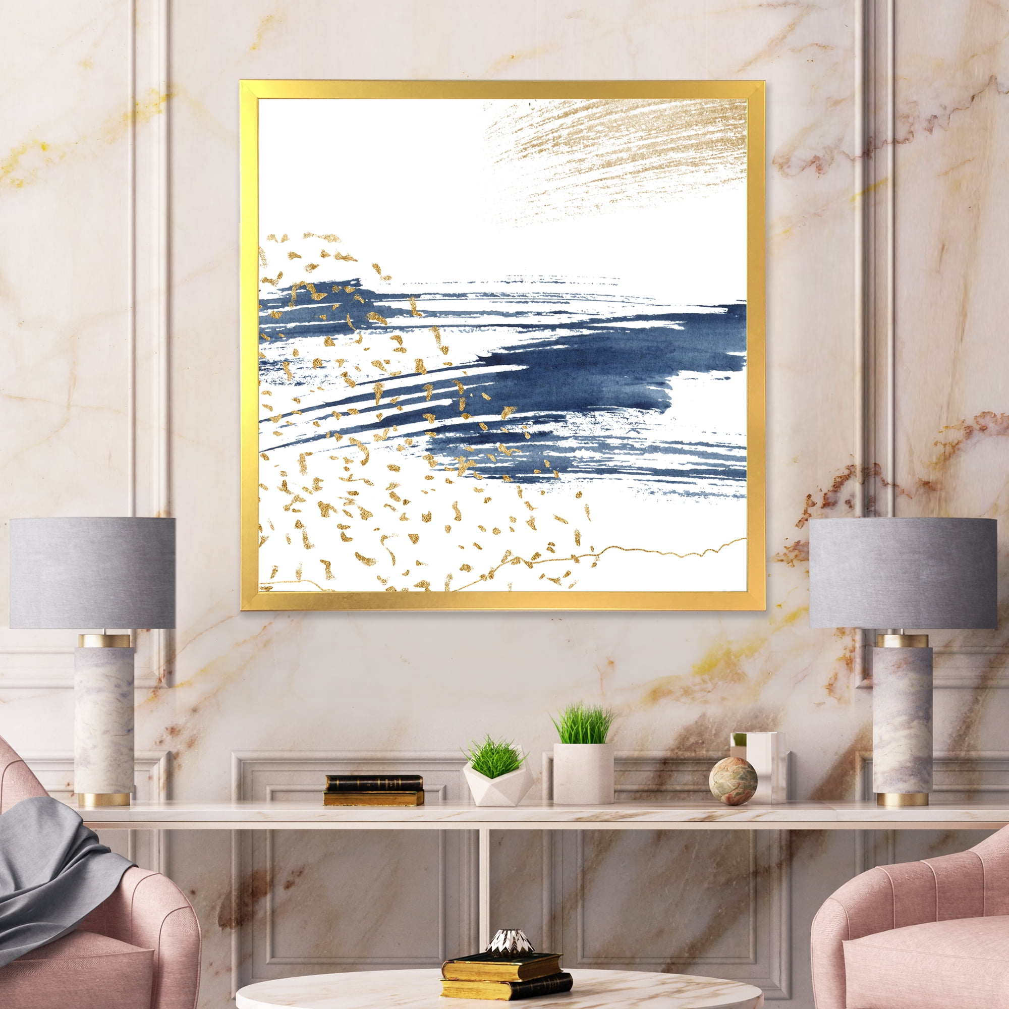 Designart 'Gold and Dark Blue and Abstract I' Modern Framed Art Print