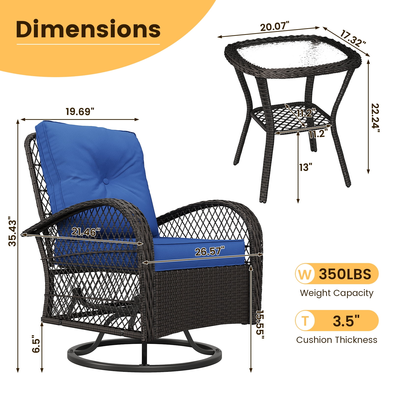 ELPOSUN 3 Pieces Patio Furniture Set, Outdoor Swivel Gliders Rocker, Wicker Patio Bistro Set with Rattan Rocking Chair, Glass Top Side Table and Thickened Cushions for Porch Deck Backyard