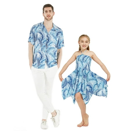 

Matching Father Daughter Hawaiian Luau Men Shirt Girl Fairy Dress in Sandy Beach