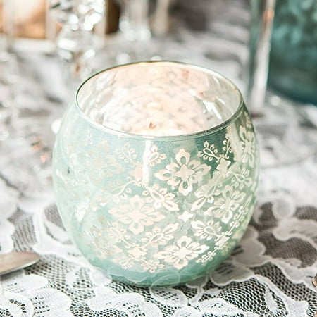 Votive Mint - Small Mint Glass Globe Votive Holder With Lace Pattern
