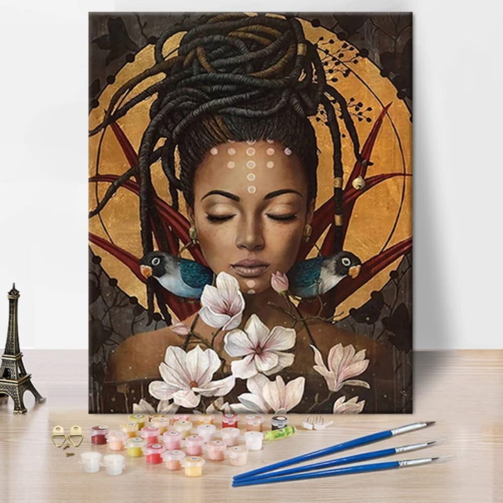 TISHIRON Paint by Numbers for Adults,16x20 inch Canvas Wall Art Flowers  Black Girl Artwork Oil Painting by Numbers Kit for Beginner (Frameless) 