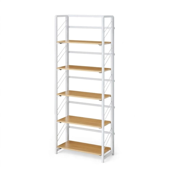 5 Tier Folding Bookshelf, No Assembly Bookcase with Metal Frame, Freestanding Storage Shelf Rack for Home Office Living Room Study, White Frame