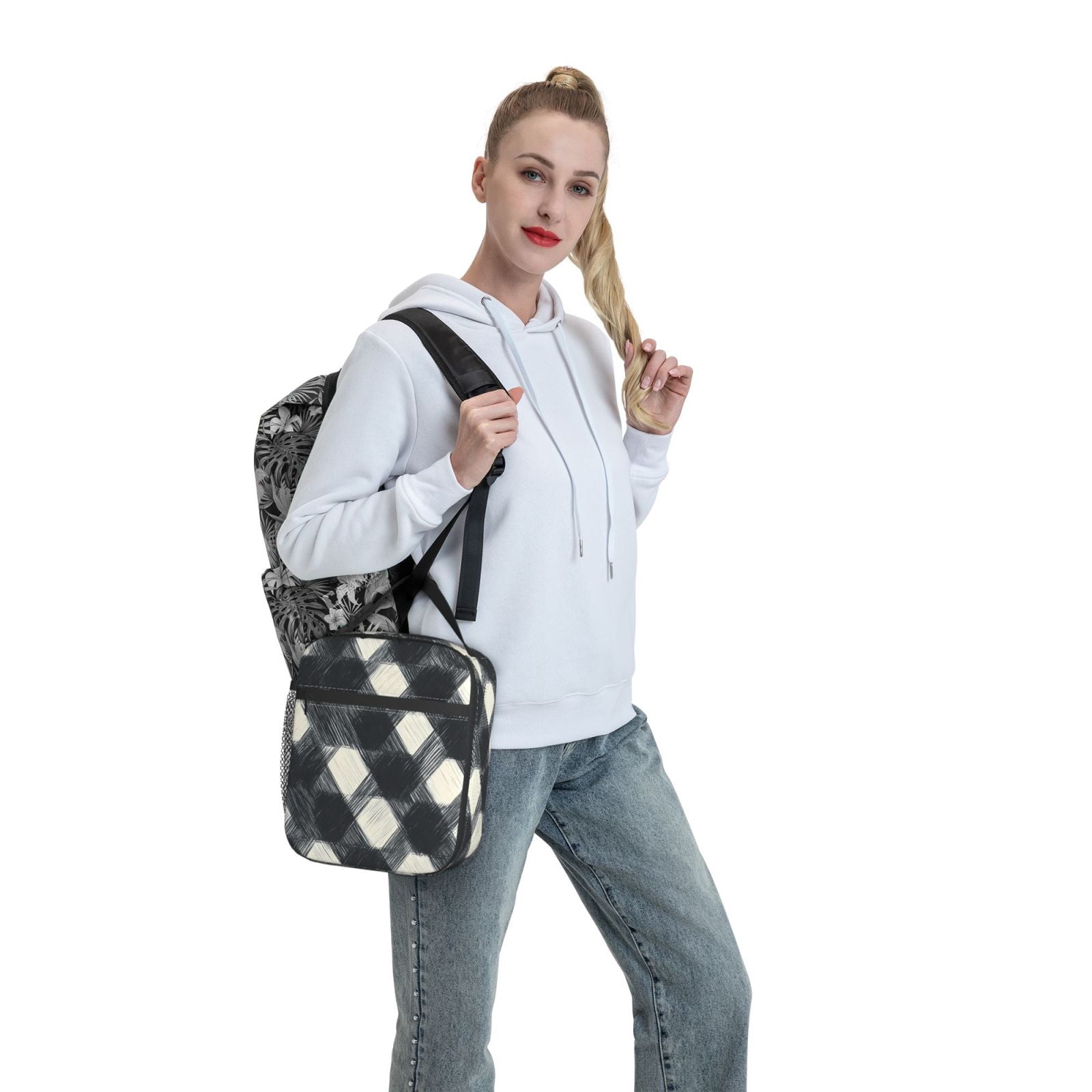 Lunch Bag For Women Men Insulated Portable Lunch Box Bento Box Office Picnic Travel Cooler Bag Darkgray Checked Hand-Drawn Sketch_1