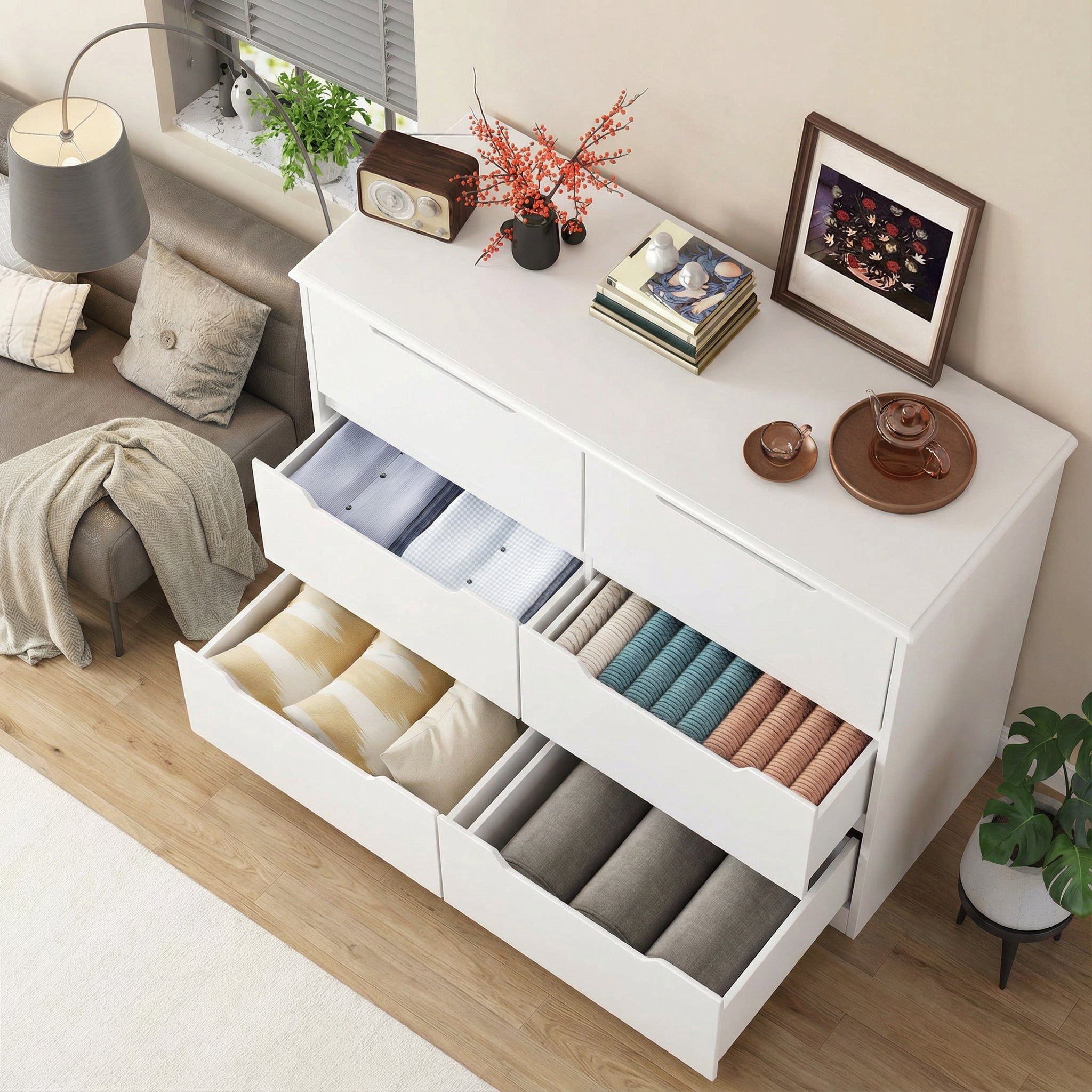 6 Drawer Double Dresser,&nbsp;Modern Wide Wooden&nbsp;Chest of Drawers with&nbsp;Cut-Out Handles,&nbsp;Anti-Tip Design,&nbsp;Closet Storage and TV Stand for Living Room, Hallway, White