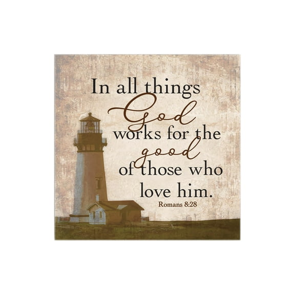 He Works For Good Love Cream Lighthouse 12 x 12 Wood Wall Sign Plaque