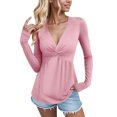 thumbnail image 6 of Wdfiry Women's Solid Color Shirts Casual Long Sleeve Front Kink Gathered Tops V-Neck Pullover Tops, 6 of 9