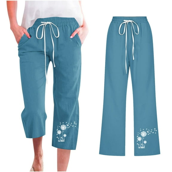 up to 60% off Gifts Usmixi Womens Cropped Pants Casual Cotton Linen Dandelion Print Plus Size 3/4 Trousers Drawstring Elastic Waist Loose Straight Leg Pocket Pants Blue m