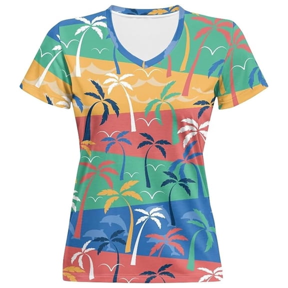 Womens Summer Hawaiian T Shirts Short Sleeve V-Neck Y2K Tops 2026 Basic Casual Graphic Print Tee