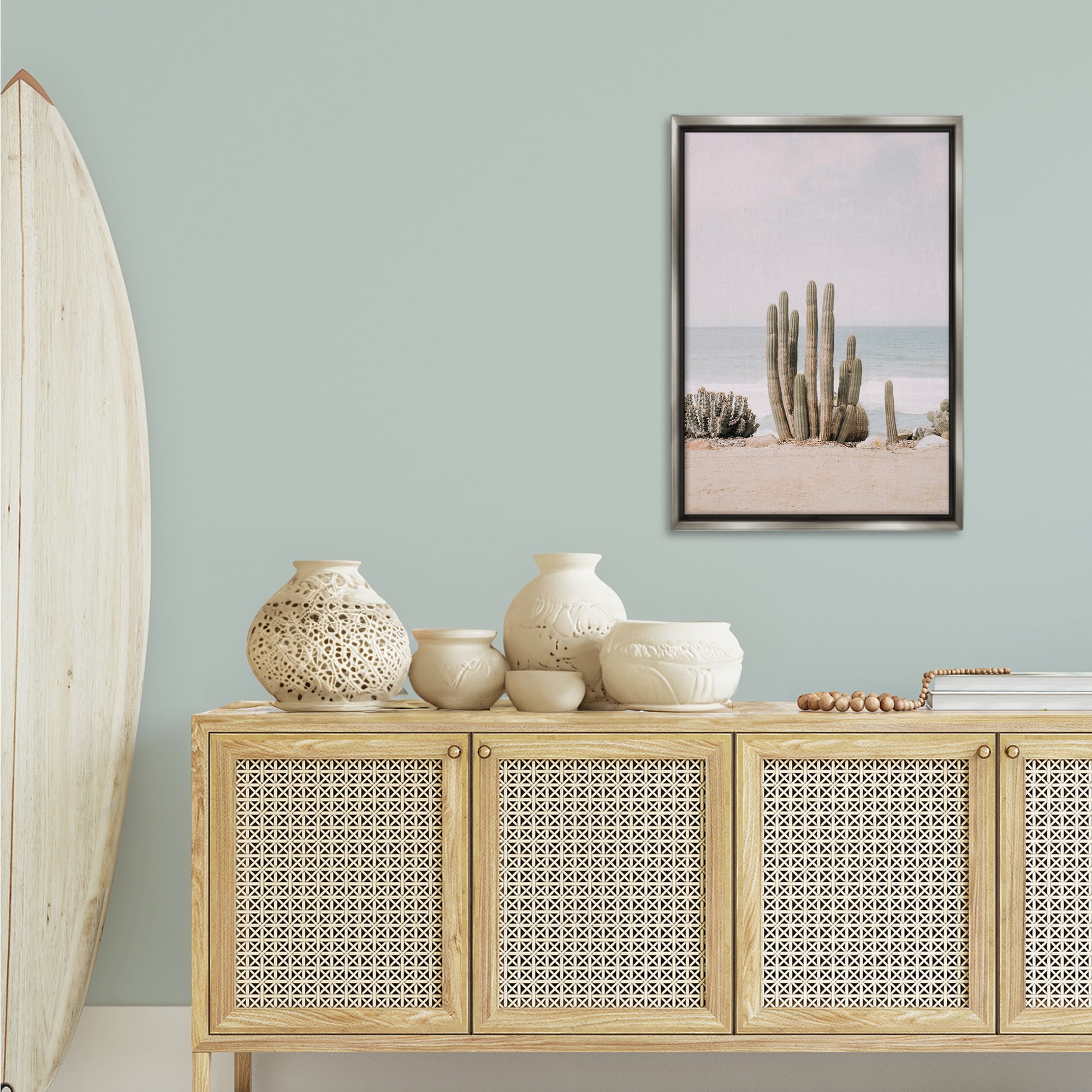 Stupell Industries Cactus on Beach Shore Landscape & Nature Photography Gray Floater Framed Canvas Art Print Wall Art, 21 x 31