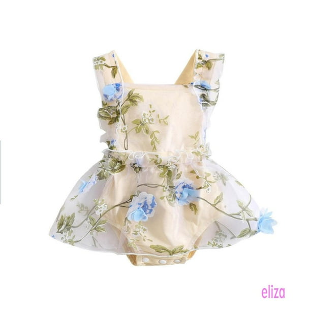 Eliza-0-2Y Bebé Niñas Mosca Manga Flor Tul Patchwork Verano Una Línea Mameluco