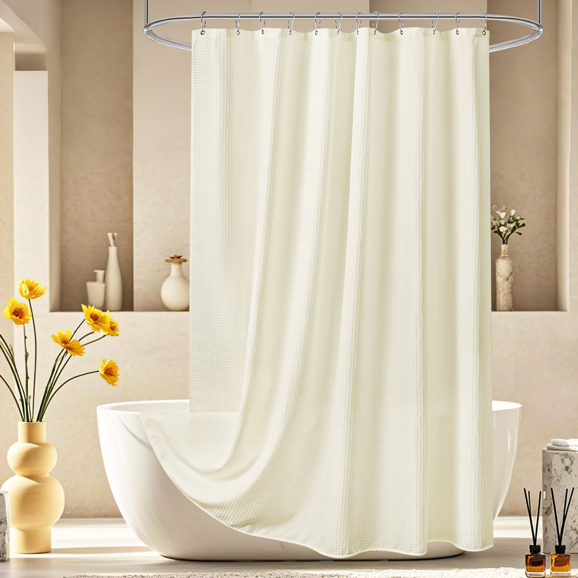 Inosoo Fabric Shower Curtain, 72"x72" Heavy Duty Waffle Textured Cloth Curtains for Bathroom, Luxury Weighted Polyester Bath Curtain for Hotel, Ivory