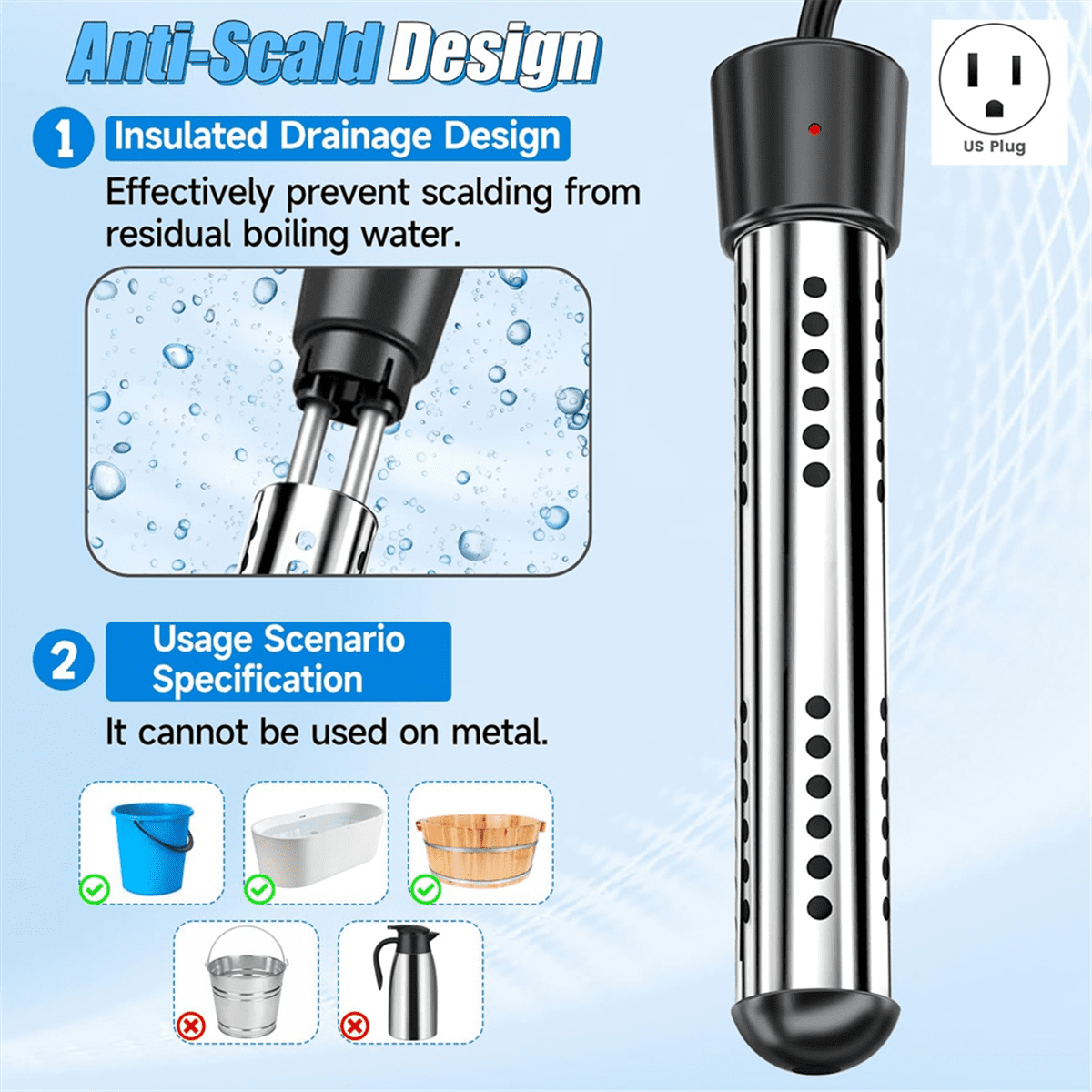 Water Heater,1500W Portable Electric 304 Stainless Heaters,for Pool Tub Buckets Motorhome Camping Outdoor Us Plug,1 x Water heater 1 x Thermometer 1 x Steel Wire Ball,Black