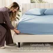 Bare Home 100% Organic Cotton Fitted Sheet - Sateen Weave - 400 Thread Count - Full, Dusty Blue